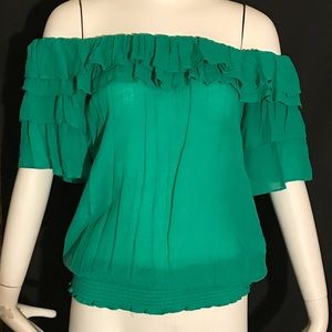 Cute ruffled green off the shoulder top!